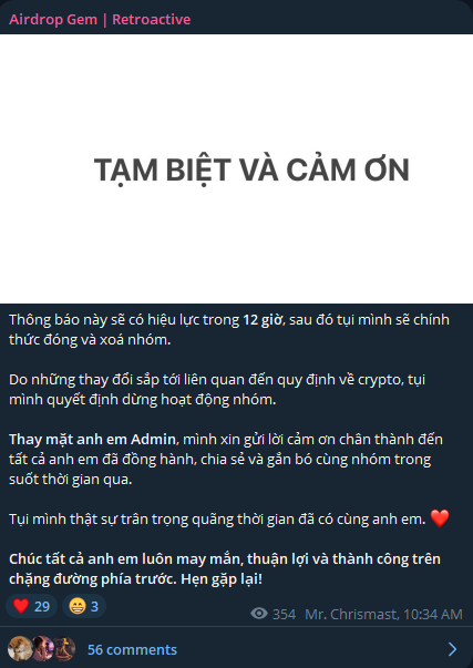 A Telegram message titled 'Airdrop Gem | Retroactive' with Vietnamese text 'TẠM BIỆT VÀ CẢM ƠN' (Goodbye and Thank You), announcing the shutdown of the group after 12 hours and thanking members, with 354 views and 56 comments.