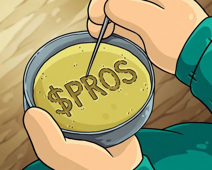 A cartoon-style illustration showing hands holding a bowl filled with a yellow substance. A needle is being used to engrave the word '$PROS' into the surface of the yellow material.