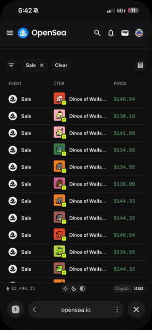 A mobile OpenSea screenshot displaying a list of 'Dinos of Walls' items for sale with prices ranging from $134.55 to $146.54 in USD.
