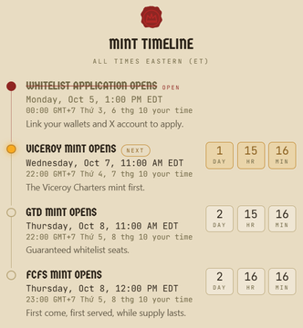 A 'MINT TIMELINE' graphic showing mint event dates in Eastern Time, including 'WHITELIST APPLICATION OPENS' on Monday Oct 5 at 1:00 PM EDT, 'VICEROY MINT OPENS' on Wednesday Oct 7 at 12:00 AM EDT (Oct 15/16), 'GTO MINT OPENS' on Thursday Oct 8 at 12:00 AM EDT (Oct 2/15/16), and 'FCFS MINT OPENS' on Thursday Oct 8 at 12:00 PM EDT (Oct 2/16/16).