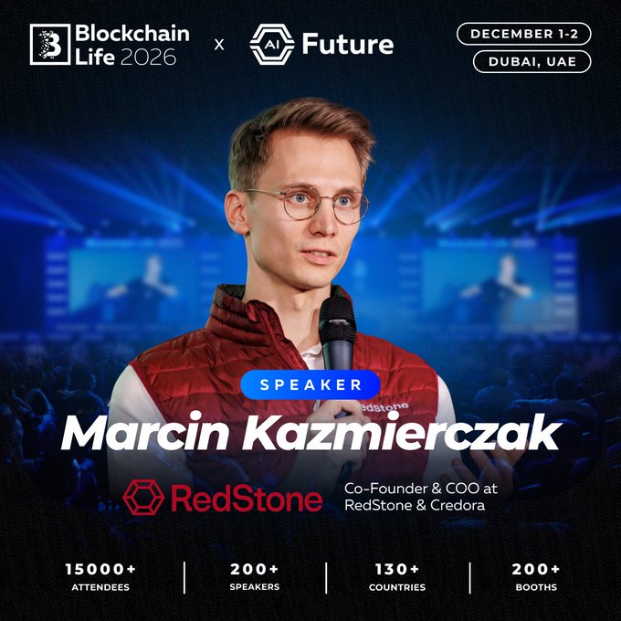 The image is a promotional speaker announcement for Blockchain Life 2026 x AI Future (December 1-2 in Dubai), featuring Marcin Kazmierczak, Co-Founder & COO at RedStone & Credora, as one of the 200+ speakers at the 15,000+ attendee, 130+ country event.
