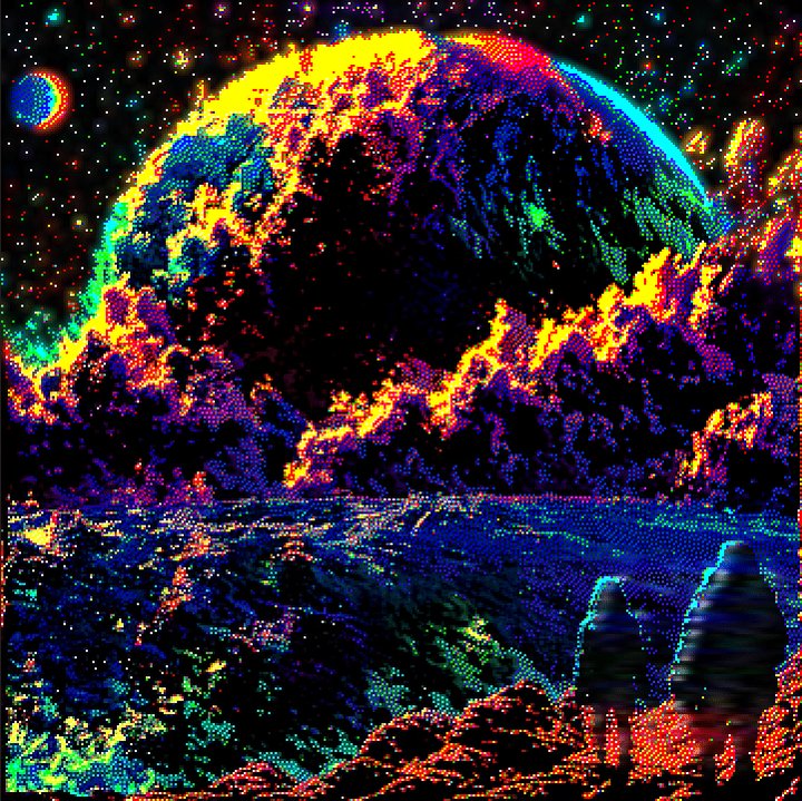 The image shows a painting of two people standing near each other, looking at a colorful planet with a blue sky behind them. The painting has a vibrant color palette that includes shades of purple, green, orange, and yellow. The background features a rocky terrain with mountains in the distance. The caption on the post reads "Live auction on daily.xyz // Current bid Ξ0.03". This suggests that there is an ongoing auction for this particular painting, where people can bid on it to own it.