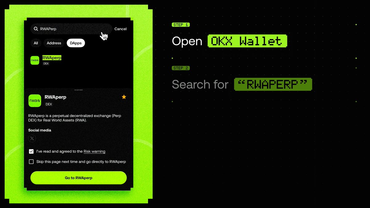 A promotional graphic showing a smartphone interface of the OKX Wallet search feature alongside instructions reading "STEP 1: Open OKX Wallet" and "STEP 2: Search for 'RWAPERP'", directing users to access the RWAPerp perpetual decentralized exchange for trading real-world assets.