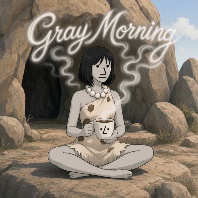 An anime-style illustration titled "Gray Morning" showing a pale woman with short black hair sitting cross-legged on rocks, wearing a primitive fur dress and holding a steaming cup of coffee.