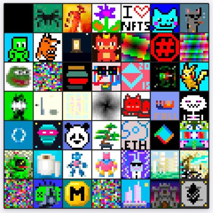 A grid of pixel art style NFT images featuring various characters and crypto-related icons, including cats, creatures, and symbols with text reading 'I LOVE NFTS' and 'ETH' visible in some tiles.