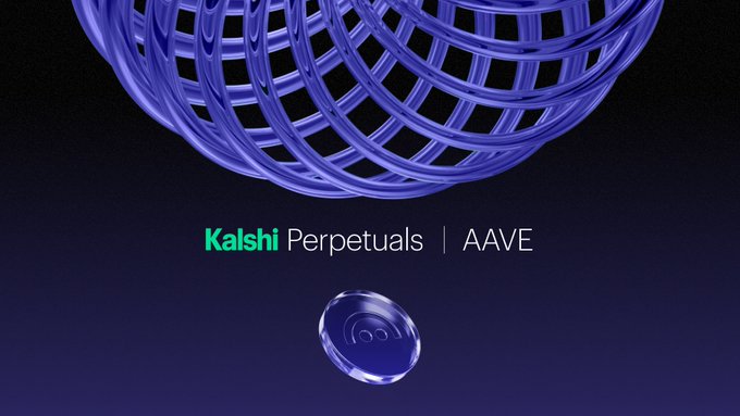 A promotional graphic for Kalshi Perpetuals | AAVE featuring purple wireframe globe and coin designs on a dark background.