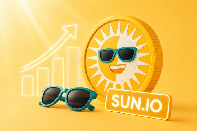 The image features a vibrant yellow sun wearing sunglasses and a blue pair of sunglasses placed next to each other against a yellow background. In the center, there's an orange SunSwap token sign that reads "SUNIo". Below this image is text in white and black discussing the importance of liquidity in DeFi transactions, stating how it influences the stability and efficiency of these transactions.