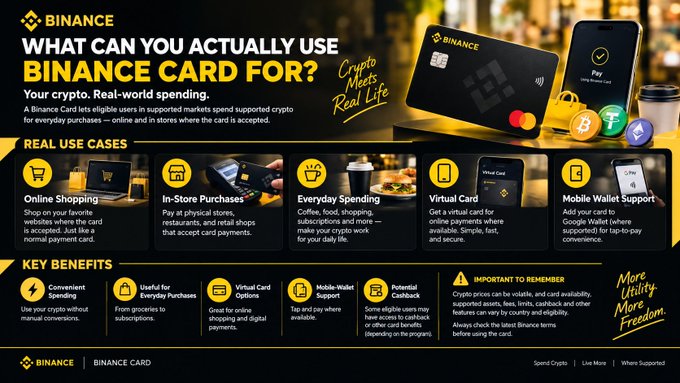An advertisement for the Binance Card details real-world crypto spending use cases such as online shopping, in-store purchases, everyday spending, virtual cards, and mobile wallet support, along with key benefits like convenient spending and useful for everyday purchases.