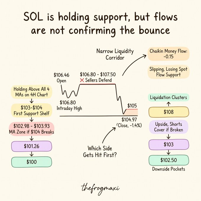 A trading analysis graphic titled 'SOL is holding support, but flows are not confirming the bounce,' featuring a price chart with key levels like $106.46 open, $104.97 close, and support zones at $103-$104 and $101.26, alongside indicators including a Chaikin Money Flow of -0.15 and liquidation clusters.