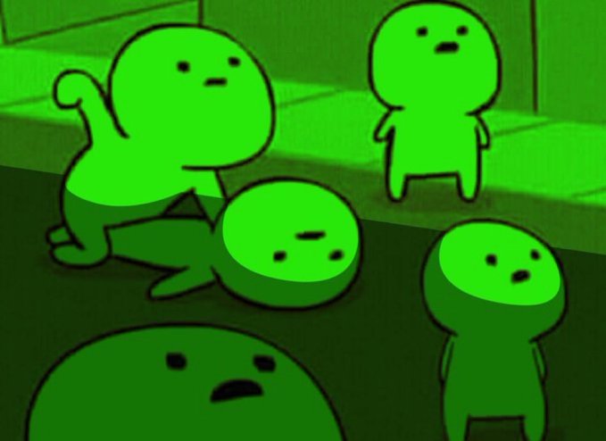 A green-tinted cartoon illustration showing several small, round blob-like characters with simple faces in various poses.