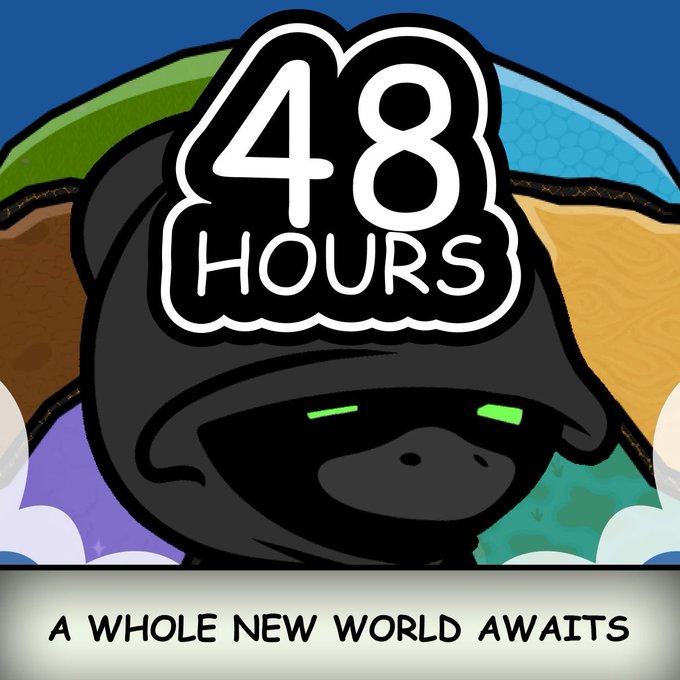 A cartoon illustration of a hooded figure with glowing green eyes against a colorful background, with bold text reading '48 HOURS' and 'A WHOLE NEW WORLD AWAITS' below.