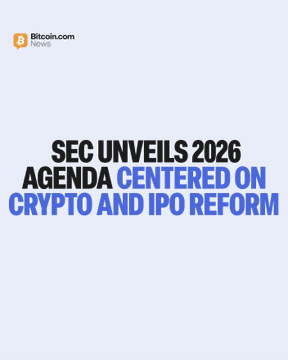 The image is a graphic from Bitcoin.com News featuring the headline "SEC UNVEILS 2026 AGENDA CENTERED ON CRYPTO AND IPO REFORM" in bold black and blue text on a light background. It visually summarizes the article's content about SEC Chair Atkins' regulatory agenda focused on crypto custody, tokenized securities, and innovation in capital raising.