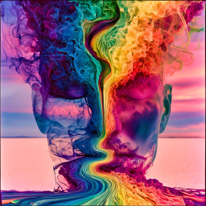 A vibrant, surreal digital artwork showing a human head and face merging into swirling, multicolored smoke and fluid streams.