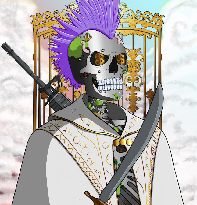 An illustration of a skeletal figure with a purple mohawk, gold eyes, a rifle, and a sword, wearing a white robe adorned with occult symbols.
