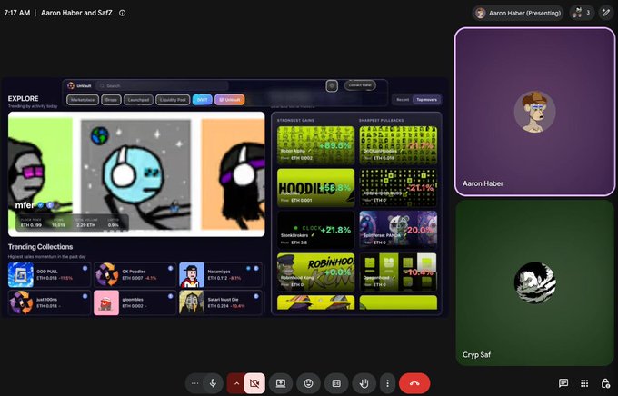 A Google Meet call between Aaron Haber and Cryp Safr, with the shared screen displaying the Unvault NFT marketplace homepage featuring trending collections like Doodles and BAYC, along with various percentage charts including Hoodies TVL (+85%), Satoshi Nakamoto (-21.8%), Robinhood (+6.0%), and Clockchain (+21.8%). The call appears to coincide with a discussion about Unvault's omnichain marketplace capabilities, as referenced in the accompanying post about Genesis Bugz and platform features.