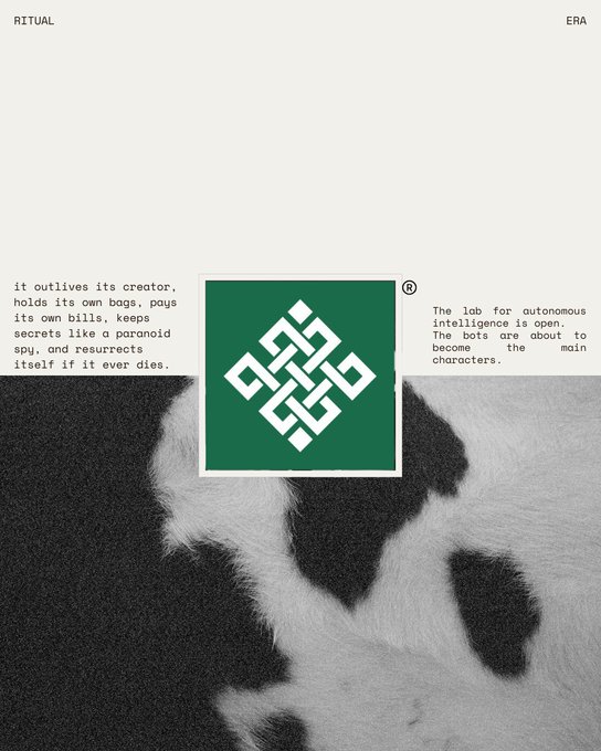 A graphic with 'RITUAL' and 'ERA' in the corners displays a green square with a white geometric knot logo over a black and white furry texture, flanked by text describing a bot that 'outlives its creator' and a 'lab for autonomous intelligence'.