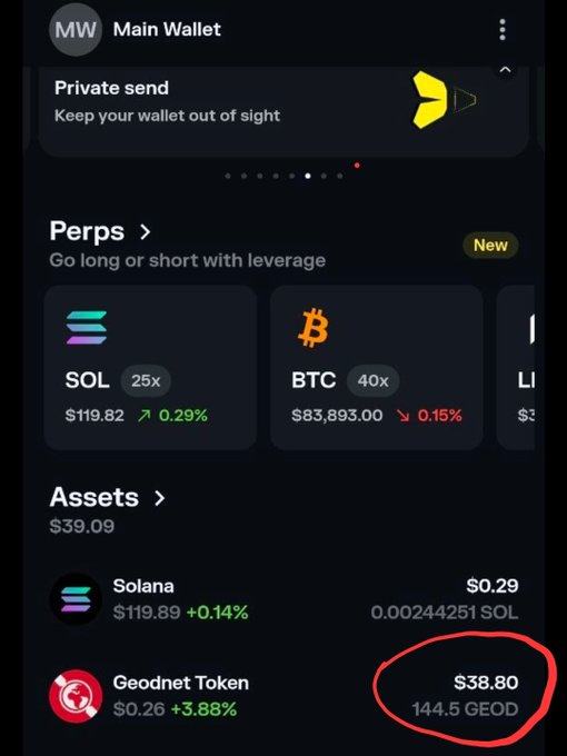 A cryptocurrency wallet app screen titled 'Main Wallet' displays sections for 'Perps' and 'Assets', showing holdings for Solana ($0.29) and 'Geodnet Token' ($38.80, 144.5 GEOD), with the Geodnet balance circled in red.