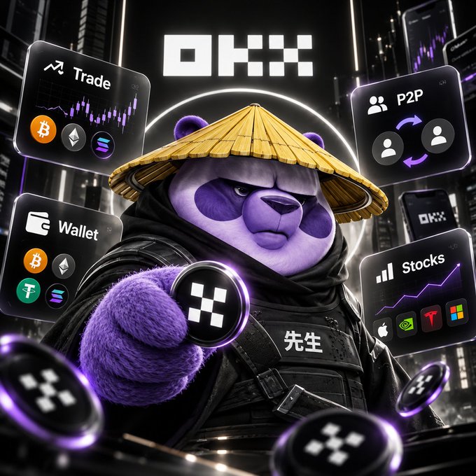 A promotional graphic featuring a purple panda mascot wearing a conical straw hat and tactical gear, surrounded by OKX-branded Trade, P2P, Wallet, and Stocks panels showing cryptocurrency and stock charts.