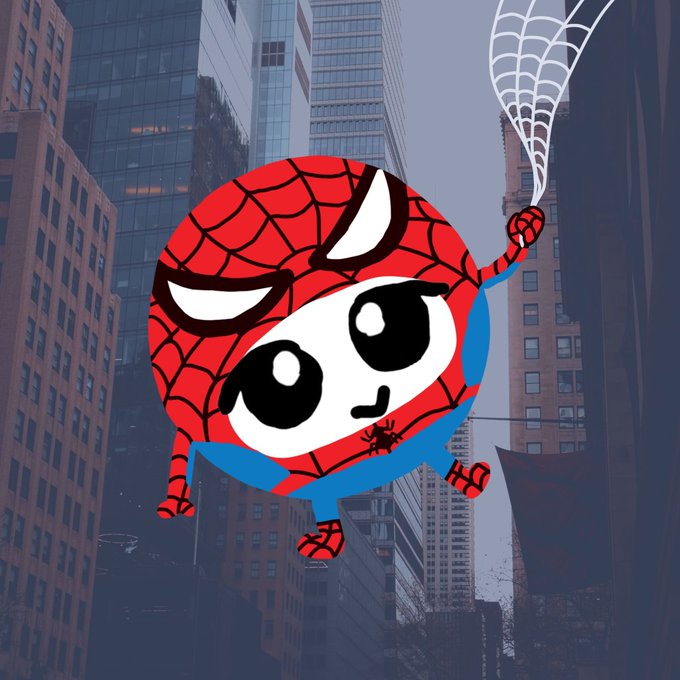 A cartoon character wearing a Spider-Man mask swings through a city skyline on a web, matching the post's playful "spider guy" theme and announcement that the "spider guy retard" NFT is available for 0.05Ξ.