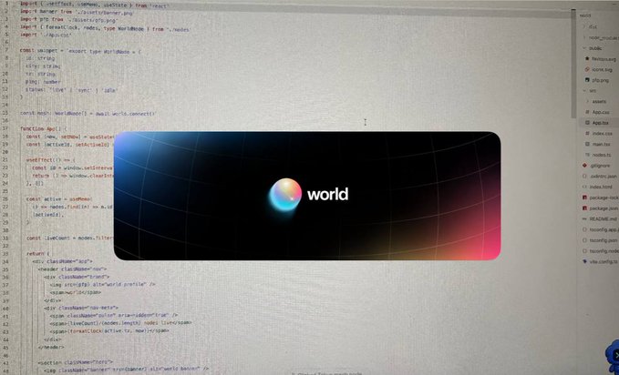 The image shows code in a code editor (likely VS Code) with a "world" logo overlay, suggesting a developer is building tools or applications related to World (Worldcoin), as indicated by the accompanying post about creating cool tools for the World community.