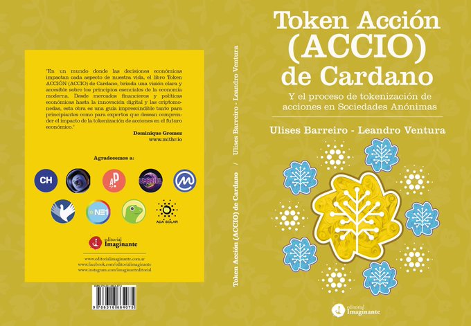 The image features a book cover for " Token Accio (ACCIO) / TOKEN fi #MITHR @ tokenfi #ACCIO" by Uribes Barroiro - Leandro Ventura, which is about tokenization of social media content. The book cover has a yellow background with white text and illustrations depicting the process of tokenization on social media platforms.
