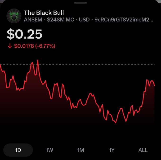A dark-mode cryptocurrency price tracking app showing 'The Black Bull' (ANSEM) priced at $0.25 USD, down 6.77%, with a red 1D line chart.