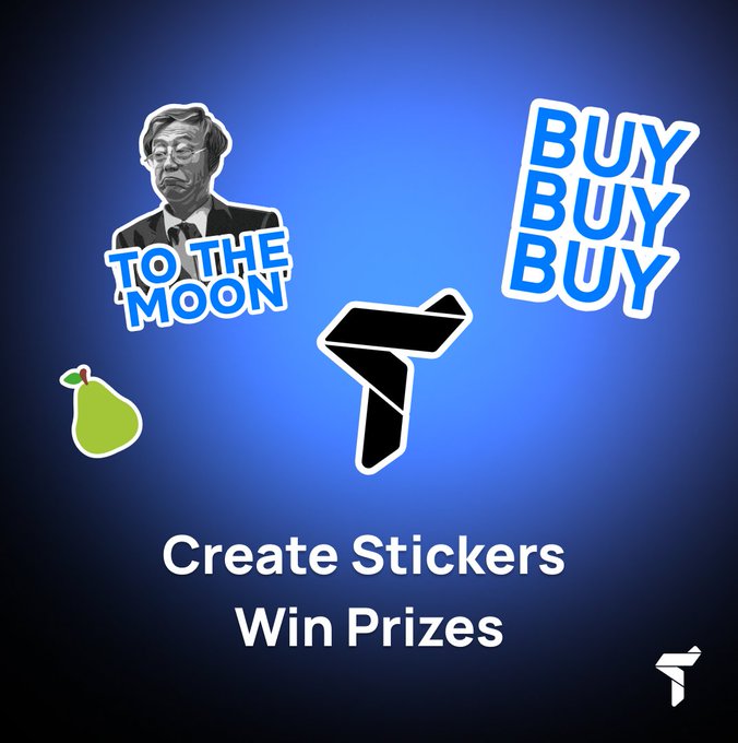A blue promotional graphic features stickers including a 'To The Moon' caricature and 'Buy Buy Buy' text, advertising a 'Create Stickers, Win Prizes' contest.