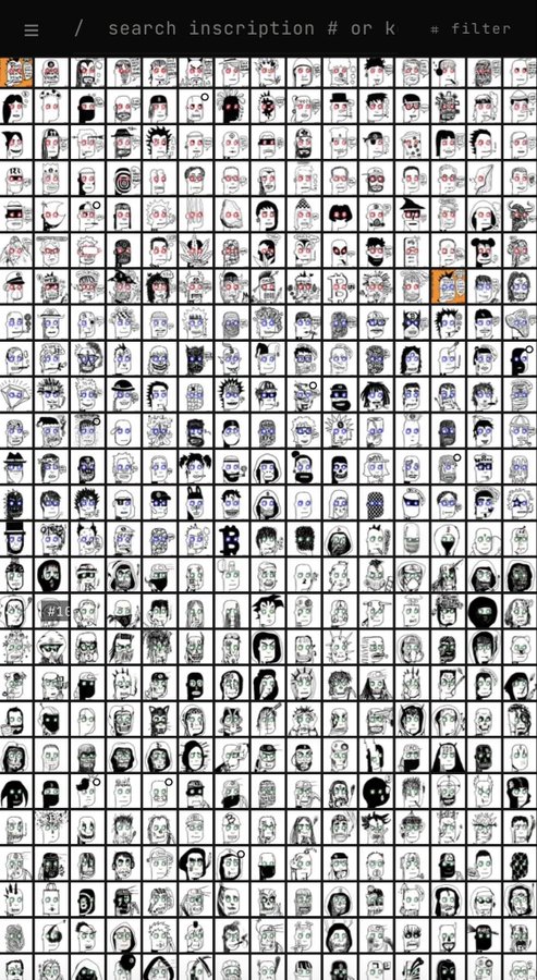 A digital interface displays a dense grid of hand-drawn, stylized character portraits with a search bar reading "/ search inscription # or k    # filter".