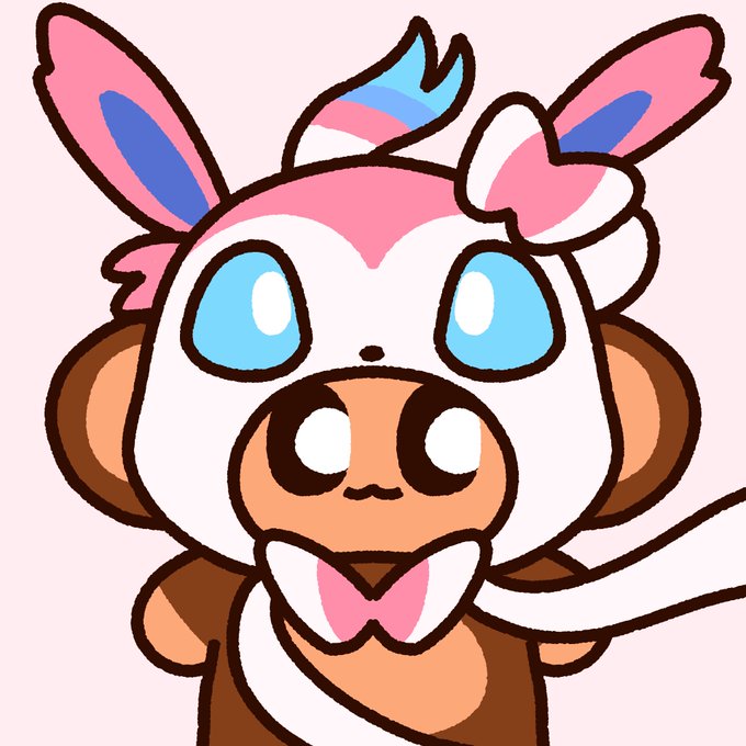 A cute cartoon illustration of a character with brown fur wearing a pink and white Sylveon-style hood with bunny ears and a pink bow, featuring large blue eyes.