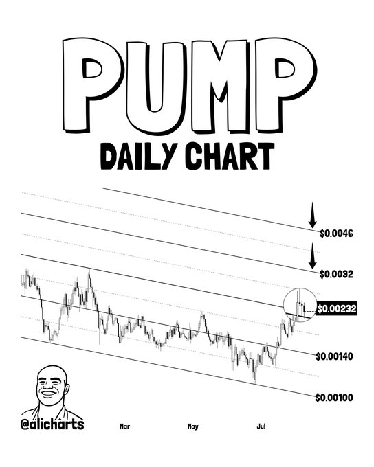 A black-and-white "PUMP DAILY CHART" shows a descending channel pattern with candlesticks trading between $0.00100 and $0.00232, with a circled recent breakout near $0.00232 and projected upside targets at $0.0032 and $0.0046, illustrating the post's call for a bullish retest and rally.