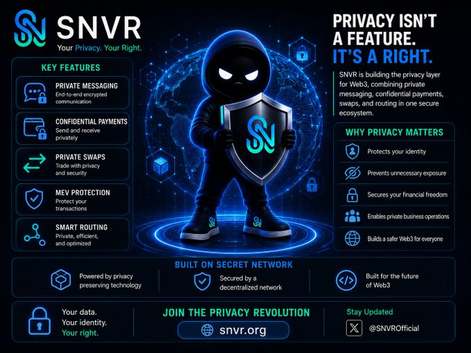 A promotional graphic for SNVR featuring a masked character holding a shield, advertising features like Private Messaging, Confidential Payments, Private Swaps, MEV Protection, and Smart Routing, with the tagline 'Privacy isn't a feature. It's a right.' and website snvr.org.