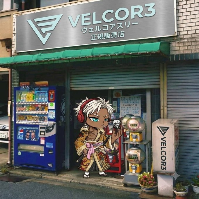 An animated chibi character with white hair, red headphones, and a kimono standing in front of a Japanese storefront labeled 'VELCOR3 ヴェルコアスリー 正規販売店' next to a BOSS vending machine and gachapon machines.