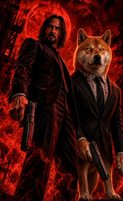 A stylized illustration reminiscent of 'John Wick' showing a man with long dark hair in a black suit holding a shotgun alongside an anthropomorphic Shiba Inu dog also in a suit holding a pistol, both set against a blood-red background with a full moon.