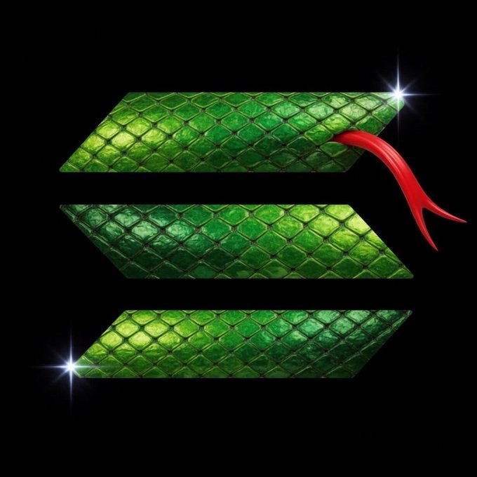 The image displays the stylized Solana logo, featuring three stacked green scaly layers with the signature red forked tongue extending outward, accompanied by small white sparkles against a black background, visually representing the user's sentiment that "solana looks good."