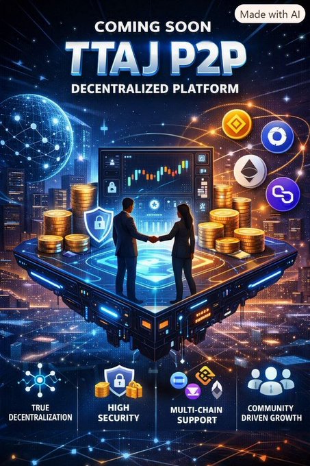 A promotional poster for 'TTAJ P2P Decentralized Platform' features two businesspeople shaking hands on a futuristic digital platform, highlighting true decentralization, high security, multi-chain support, and community-driven growth.