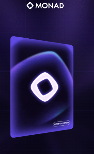 The image features a square-shaped card with a white circle at its center, surrounded by a dark purple border. The card has a unique design that resembles a glowing orb or a star. The text "One million Monad for Monad Card holders" is written in black below the card.
