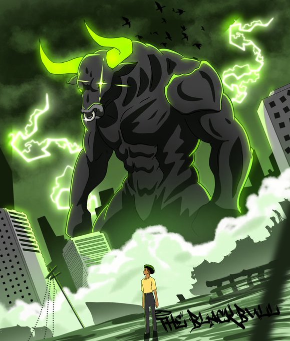 An illustration showing a massive black bull-like monster with glowing green horns and a nose ring towering over a destroyed city, while a small figure in a yellow shirt stands on the ground below gazing up at the giant, with green lightning streaking across the dark sky.