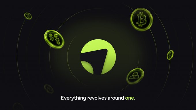 A central green logo with a triangular cutout is surrounded by orbiting cryptocurrency and commodity tokens (including Bitcoin and gold), with the text "Everything revolves around one." This visualizes the post's message of a single, unified on-chain trading pool encompassing multiple markets.