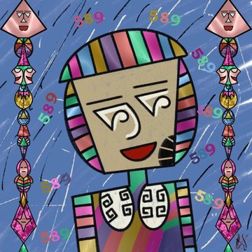 A colorful child-like drawing of a figure with a striped head and bow tie, flanked by geometric patterned figures and numbers in the background.
