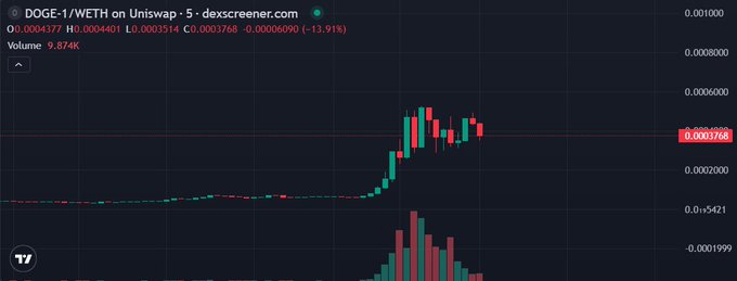 A dark-themed candlestick trading chart from dexscreener.com showing the 'DOGE-1/WETH' trading pair on Uniswap with a significant price spike and a current value of 0.0003768.