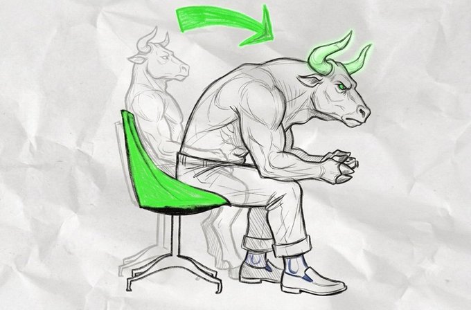 A hand-drawn illustration shows a muscular bull sitting slumped in a chair with green accents highlighting its horns and the chair.