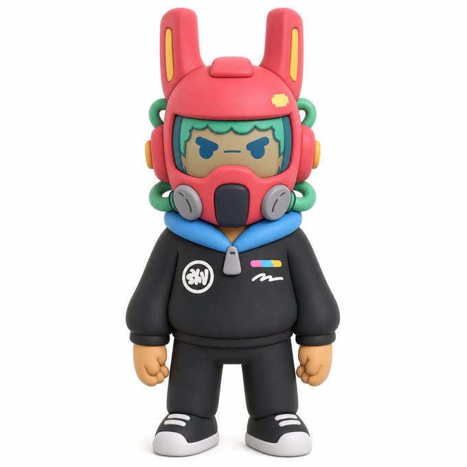 A 3D render of a character designer toy featuring a person in a black track suit and a large, pink robotic bunny head with yellow inner ears and green side attachments.