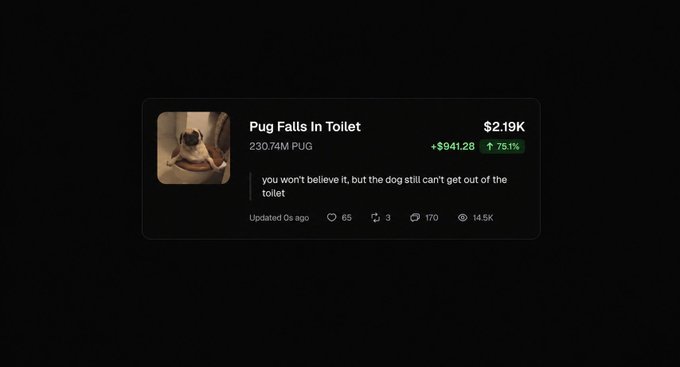 A dark-themed digital token tracker card for a cryptocurrency called 'Pug Falls In Toilet' (230.74M PUG), showing a price of $2.19K, a 75.1% increase, and the description 'you won't believe it, but the dog still can't get out of the toilet'.