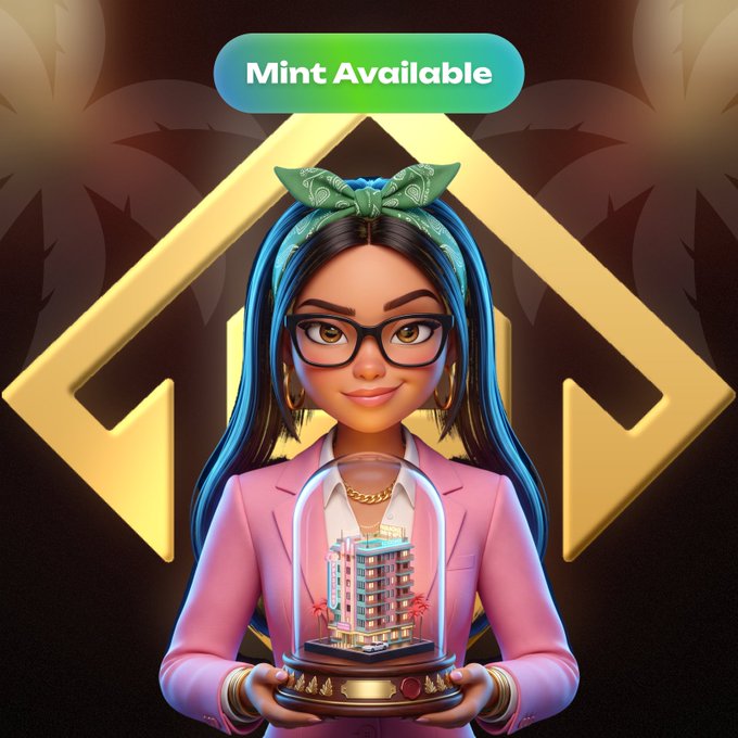 A stylized 3D-rendered woman with glasses, a green headband, and a pink blazer holds a snow globe containing a miniature building, beneath a green "Mint Available" banner against a gold geometric backdrop. The image visually represents the "Sealed City minting" announcement, symbolizing the preservation of top-tier buildings under glass as collectible mementos.