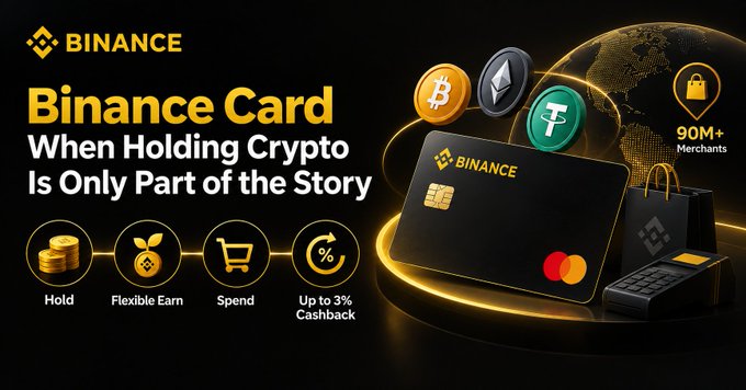 The image is a Binance Card promotional banner featuring a black Mastercard with the Binance logo, surrounded by floating Bitcoin, Ethereum, and Tether coins, along with a shopping bag and POS terminal. Key text highlights include "BINANCE Card," "When Holding Crypto Is Only Part of the Story," "90M+ Merchants," and icons for "Hold," "Flexible Earn," "Spend," and "Up to 3% Cashback." The visual reinforces the post's message by illustrating how the Binance Card transforms crypto holdings into practical spending power at millions of merchants worldwide.