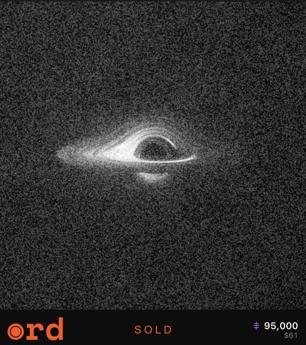 A highly grainy, astronomical photograph of a black hole or distant celestial object with a bright, swirling accretion ring, overlaid with 'ord', 'SOLD', and a price of '₺ 95,000 $61'.