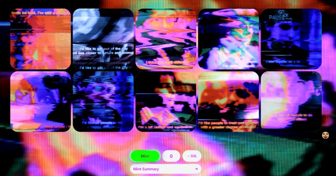 A grid of glitch-effect, VHS-style distorted video thumbnails with subtitles, displayed in a dark interface with a 'Next' button and a 'Mini Summary' panel at the bottom.