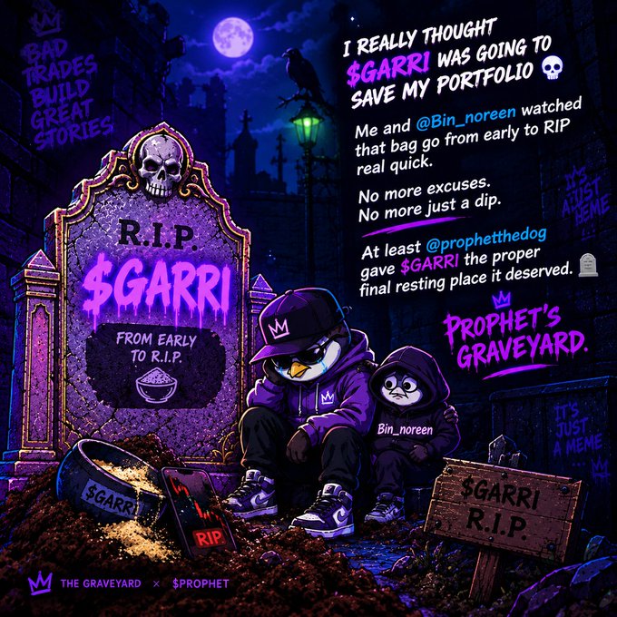 A stylized graveyard-themed promotional graphic for 'Prophet's Graveyard' featuring a tombstone reading 'R.I.P. $GARRI FROM EARLY TO RIP', with text explaining 'I REALLY THOUGHT $GARRI WAS GOING TO SAVE MY PORTFOLIO'.