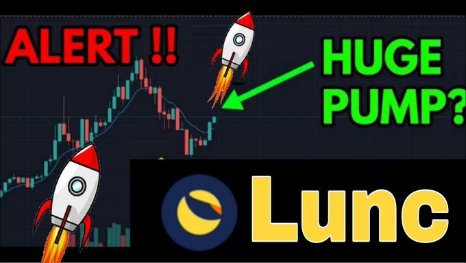 A cryptocurrency promotional graphic featuring a candlestick chart with rocket emojis and text reading 'ALERT!! HUGE PUMP?' alongside the 'Lunc' logo.