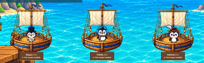 Three sailing ships are anchored in blue waters, each displaying a penguin character labeled as "Skipper #155," "Pebble #150," and "Admiral #153," all marked with "Fled voyage complete." The image ties into the "gPuffins" post by showcasing a team of penguin captains who appear ready for their next seafaring adventure.